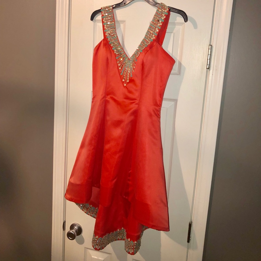 Rachel Allan orange/turquoise dress